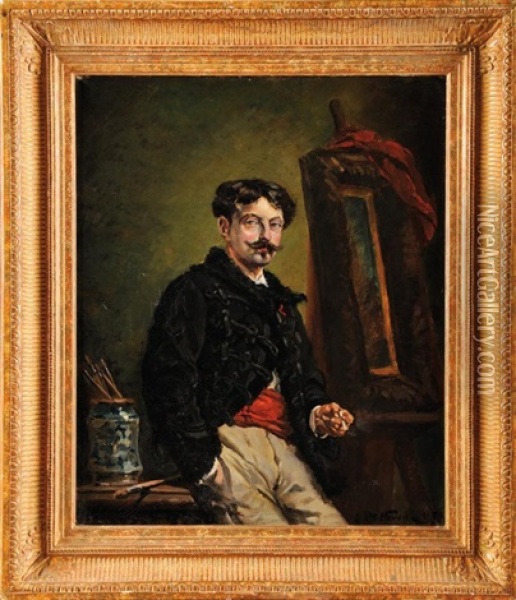 Autoportrait En Dolman Noir Dans Son Atelier Oil Painting - Alphonse Marie de Neuville