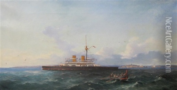 Hms Dreadnought Sailing Off The Entrance To Valetta Harbour, Malta Oil Painting - Luigi Maria Galea