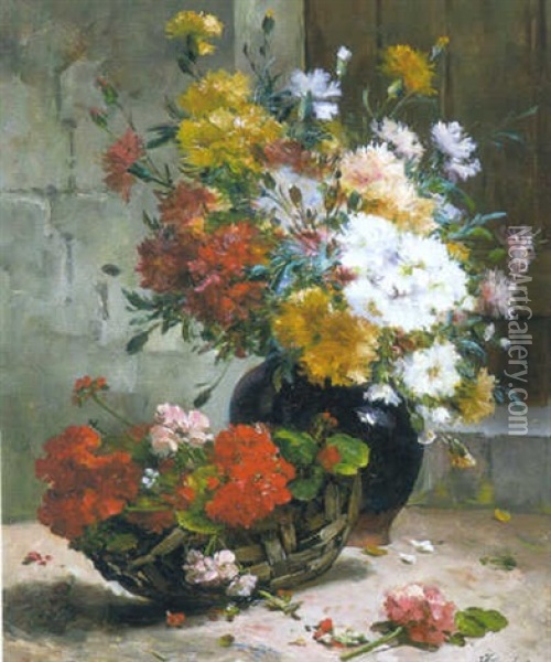 Still Life With Roses And Still Life With Chrysanthemums And Daisies Oil Painting - Ernest Eugene Lefebvre