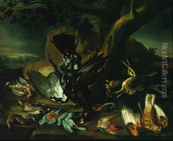 Still Life Of A Hung Capercaille, An Eagle, Hares, And Other Birds In A Landscape Setting Oil Painting - Philipp Ferdinand de Hamilton