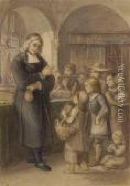A Reverend Giving Children Alms And Instructions Oil Painting - Adrian Ludwig Richter