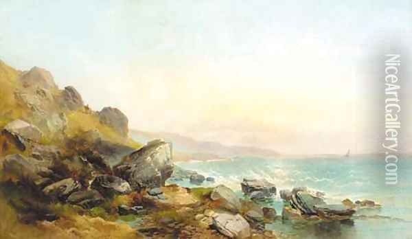 Figures on a coastal path at sunset Oil Painting - Joseph Horlor