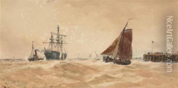 Bringing In A Disabled Ship Off The Dutch Coast Oil Painting - Thomas Bush Hardy
