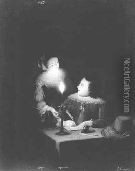 A Couple Writing A Letter By Candlelight Oil Painting - Johannes Rosierse
