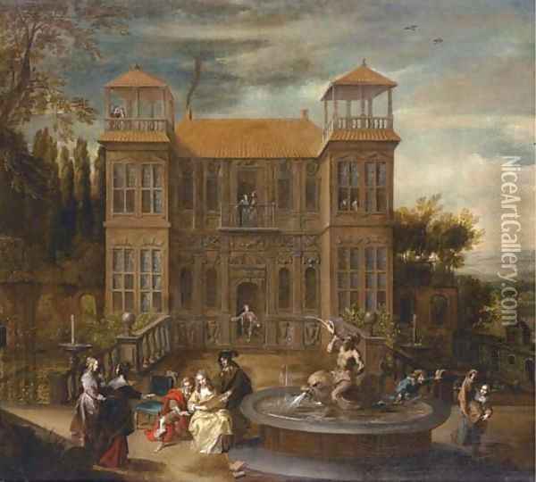 A country house with elegant company playing music and cavorting in the courtyard Oil Painting - Isaak van Oosten