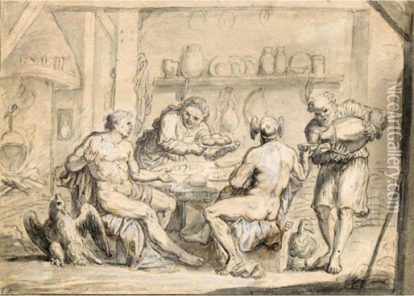 Jupiter And Mercury In The House Of Philemon And Baucis Oil Painting - Claes Cornelisz Moeyaert