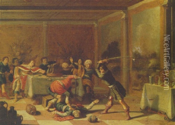 Absalom's Servants Slaying Amnon Oil Painting - Jacob Jansz (Jan) van Velsen