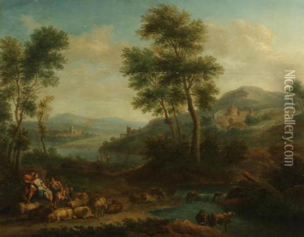 Sheepherders In A Landscape Oil Painting - Andrea Locatelli