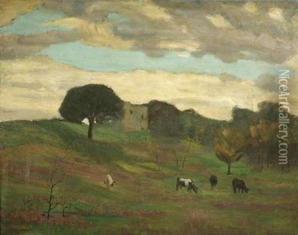 I. . Italian Landscape With Grazing Cows Oil Painting - Georg Fischof