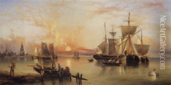Ships At Dusk Oil Painting - Henry Redmore