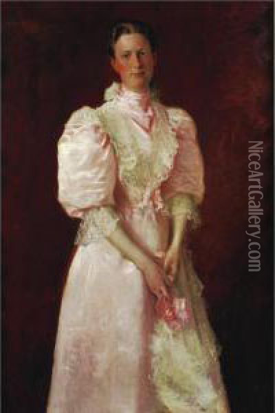 A Study In Pink (mrs. Robert Mcdougal) Oil Painting - William Merritt Chase