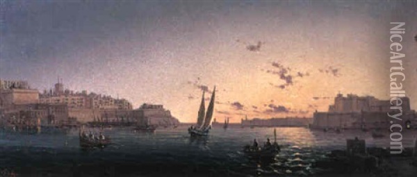 Shipping Off Valletta At Sunset Oil Painting - Luigi Maria Galea