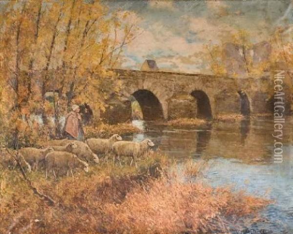 Bergere Et Moutons A La Riviere Oil Painting - Frederick Charles Vipont Ede