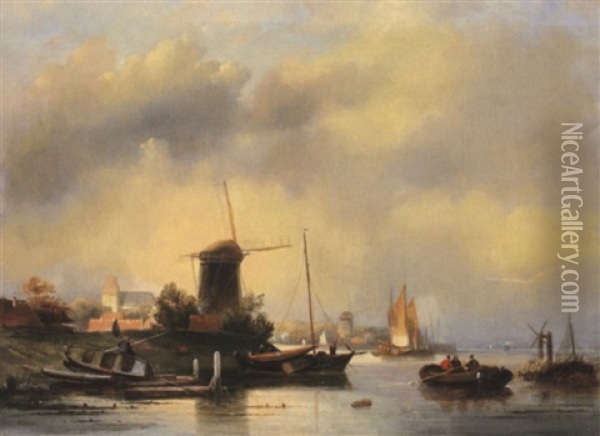 Hollandisches Stadtchen Am Wasser Mit Windmuhle Oil Painting - Cornelis Petrus T' Hoen