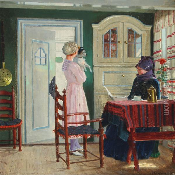 Interior With Two Women From Fanoe Oil Painting - Heinrich Hansen