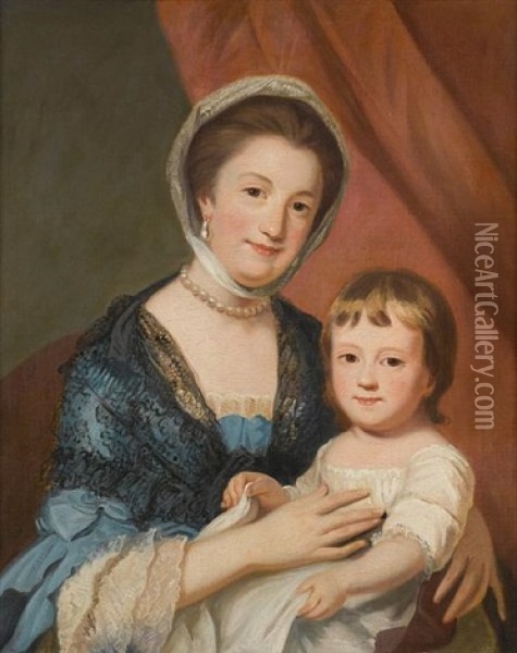 Portrait Of A Mother And Child, Three-quarter-length, Seated Before A Red Curtain Oil Painting - Sir William Beechey
