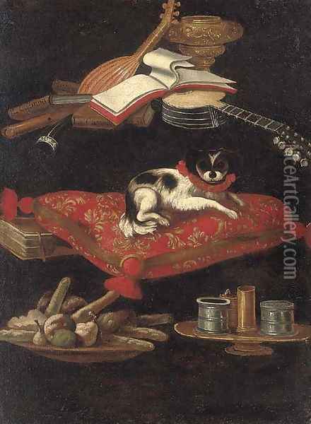 A spaniel on an embroidered cushion with a plate of sweetmeats Oil Painting - Pier Francesco Cittadini