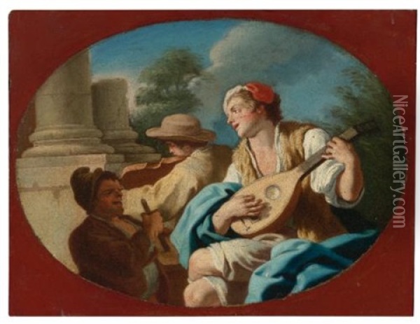 A Young Lady Playing A Tambourine With Two Girls Playing The Castanets (+ A Young Man Playing The Lute With Others Playing A Violin And A Rommelpot; Pair) Oil Painting - Pietro Bardellino