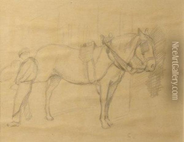 Blacksmith Shoeing Dray Horse Pencil Drawing Oil Painting - Percy Harland Fisher