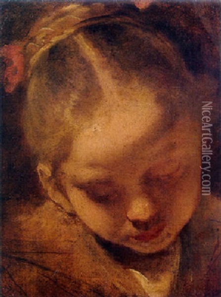 A Girl, Head And Shoulders, Looking Down Oil Painting - Jan van Noordt