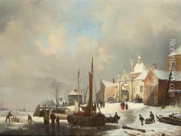 Winter Landscape With Figures And Boats On A Frozen Estuary Oil Painting - Hendrikus van den Sande Bakhuyzen