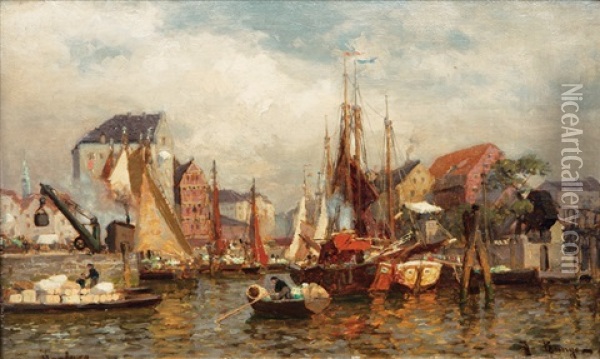 Boats In A Harbour Oil Painting - Julius Friedrich Ludwig Runge