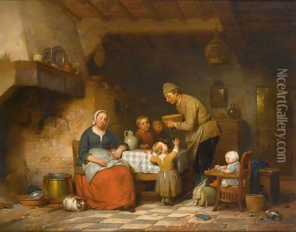 A Peasant Family Gathered Around The Kitchen Table Oil Painting - Ferdinand de Braekeleer
