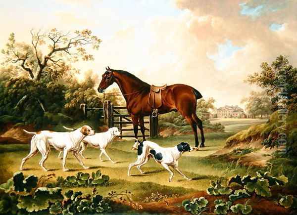 A Bay Hunter and Three Pointers in a Landscape with Lyston Hall Beyond Oil Painting - Charles Towne