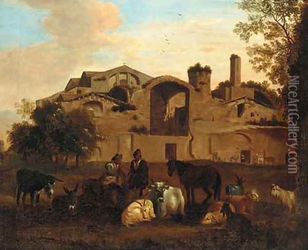 An Italianate landscape with shepherds and livestock before an Italianate town Oil Painting - Nicolaes Berchem