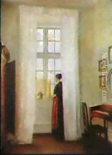 Interior Med Dame Der Star Og Venter Ved Et Vindue Oil Painting - Carl Vilhelm Holsoe