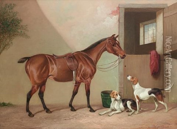 A Hunter Before A Stable With Two Foxhounds Oil Painting - Colin Graeme