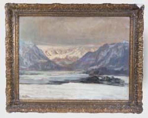 Sonnenaufgang An Einem Oberbayerischen See Mit Alpenkette Im Hintergrund Oil Painting - Paul Thiem