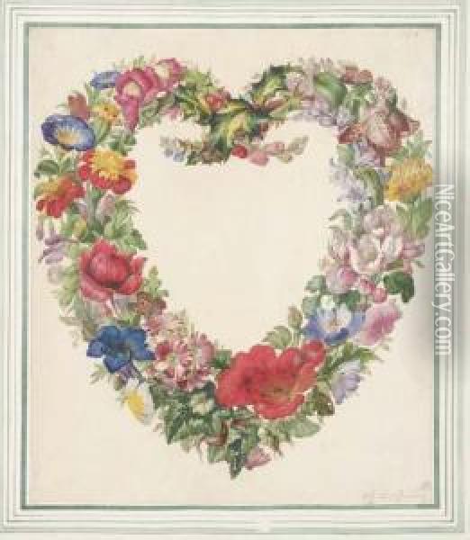 A Floral Heart: Design For A Frontispiece (?) Oil Painting - Herman Henstenburgh