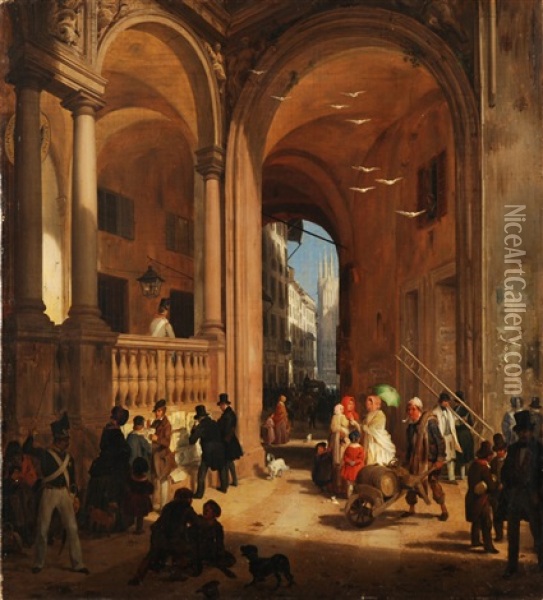 Veduta Della Piazza Dei Mercanti (il Passaggio Dalla Piazza Dei Mercanti Alla Pescheria Vecchia) Oil Painting - Angelo Inganni