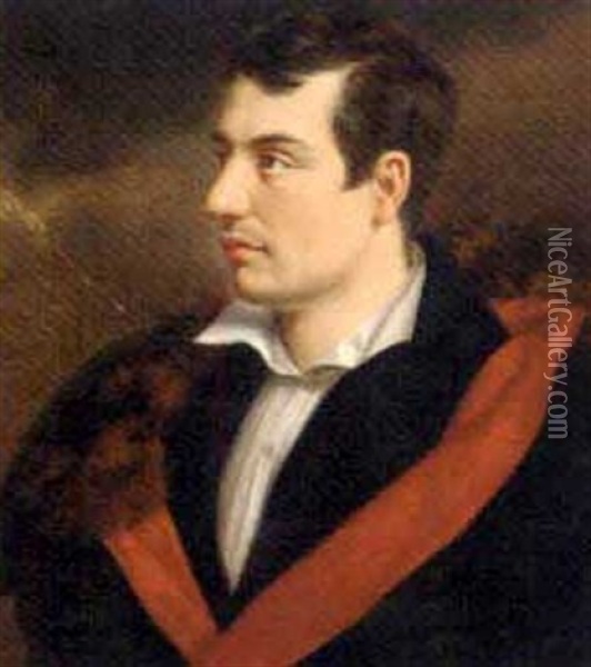 Portrait Of The Poet, George Gordon Byron, 6th Baron Byron, Wearing A White Shirt And A Black Coat With Red Lining And Fur Trim, In A Stormy Landscape Oil Painting - Samuel Drummond