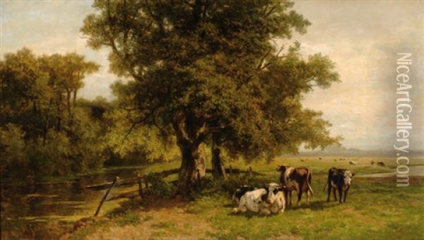 Cows In A Sunny Meadow Oil Painting - Henri (Hendrik Martinus) Savry