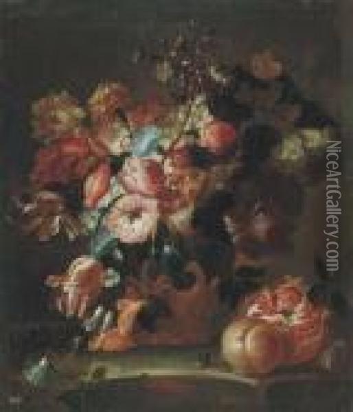Flowers In Sculpted Urns With Fruit On Stone Ledges Oil Painting - Frans Werner Von Tamm