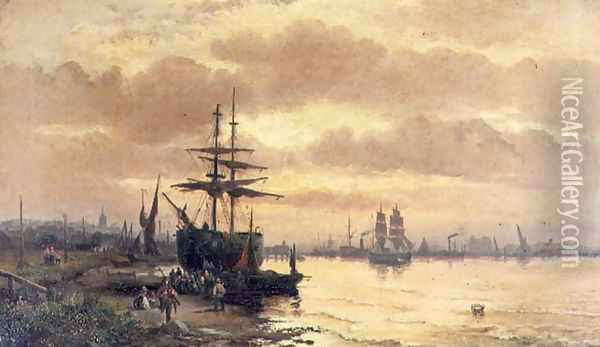 Fisherfolk on the Shore of an Estuary at Sunset Oil Painting - Hubert Thornley