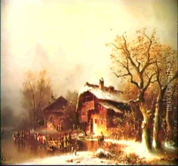 Winterliches Treiben In Einem Dorf Oil Painting - Anton Doll