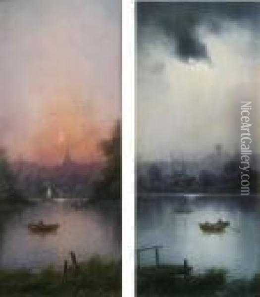 Boats On The River At Sunset And Under Moonlight Oil Painting - Nils Hans Christiansen