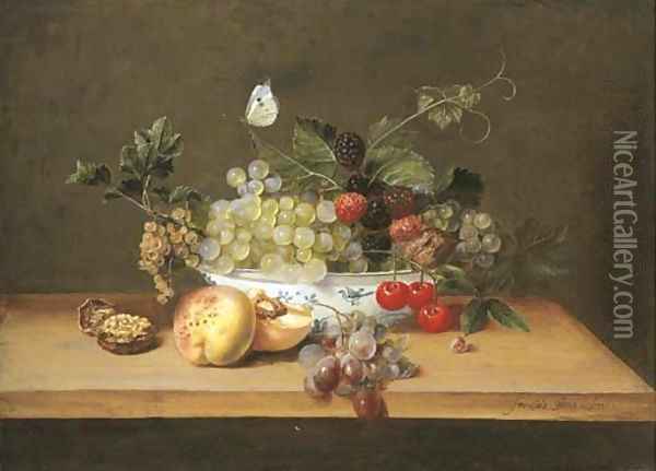 Grapes on the vine, whitecurrants, blackberries, cherries and a walnut in a porcelain bowl with peaches, grapes and a walnut Oil Painting - Frans Ykens
