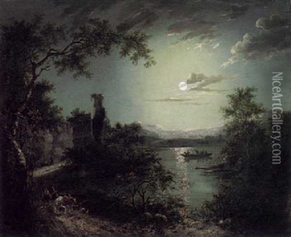 Moonlit River Landscape With Figures And Cattle On A Path Before A Ruin Oil Painting - Abraham Pether