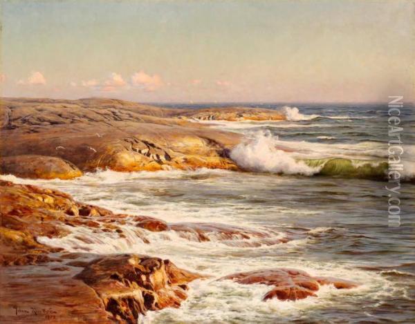 Marstrand - Taudden I Kvallssol Med Seglare Vid Horisonten Oil Painting - Johan Krouthen