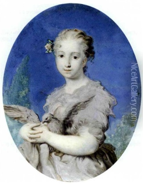 A Young Lady Dressed As Innocence, Holding A Dove In Her Arms, Grey Dress With Red Lined Grey Stole, White Flower And Foliage In Her Powdered Curling Hair Oil Painting - Rosalba Carriera