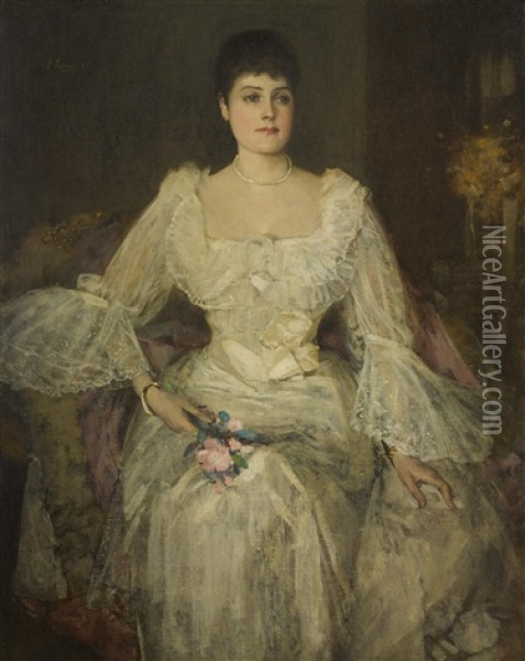A Lady In White (a Portrait Of Lady Lyle) Oil Painting - John Lavery
