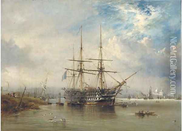 H.M.S. Agamemnon lying off Greenwich, possibly when loading the Atlantic Telegraph cable Oil Painting - George Chambers