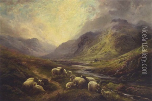 Sheep Resting In A Highland Landscape Oil Painting - Robert F. Watson