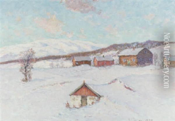 Stugor I Vinterlandskap Oil Painting - Anton Genberg