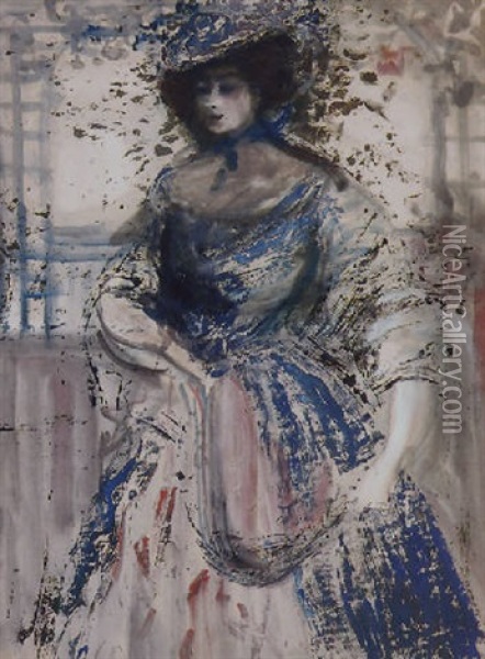 Lady In Blue Dress Oil Painting - Charles Conder