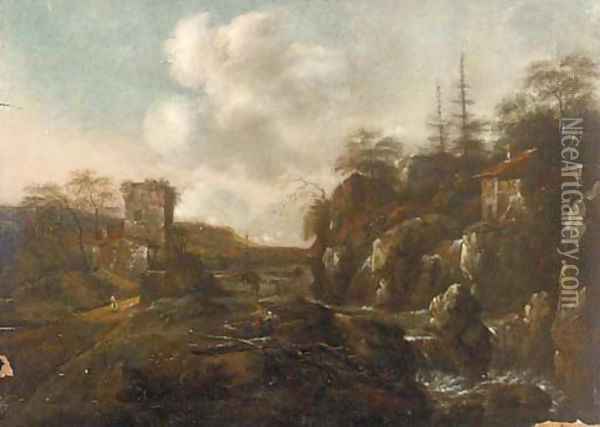 A river landscape with a mill and figures on a path Oil Painting - Allaert van Everdingen